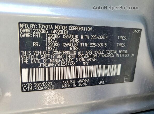 JTMEWRFV5LD547788 2020 TOYOTA RAV4 Silver VIN sticker view