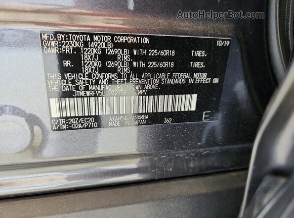 JTMEWRFV5LJ032758 2020 TOYOTA RAV4 Charcoal Vista de la etiqueta del VIN