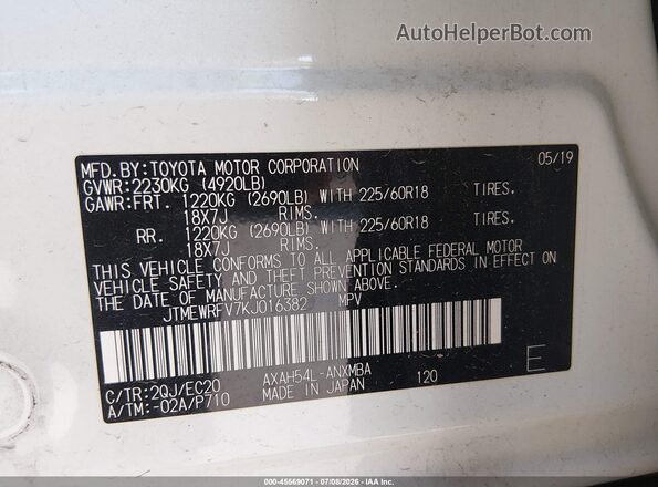 JTMEWRFV7KJ016382 2019 TOYOTA RAV4 HYBRID White ძრავის განყოფილების ხედი