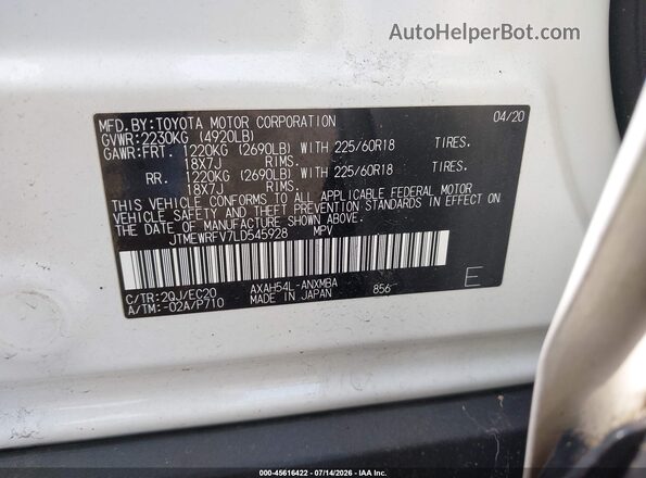 JTMEWRFV7LD545928 2020 TOYOTA RAV4 HYBRID White Вид підкапотного простору