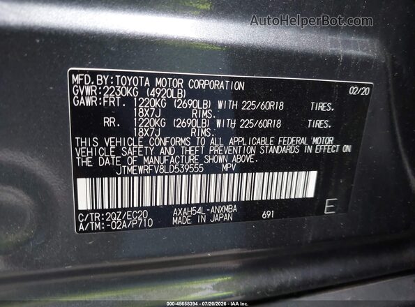 JTMEWRFV8LD539555 2020 TOYOTA RAV4 HYBRID Серый Вид подкапотного пространства