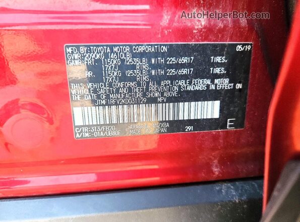 JTMF1RFV2KD031129 2019 TOYOTA RAV4 Red VIN sticker view