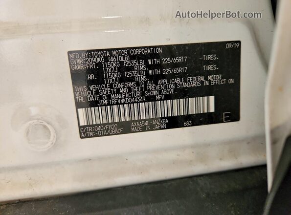 JTMF1RFV4KD044349 2019 TOYOTA RAV4 White VIN կոդի պիտակի տեսք