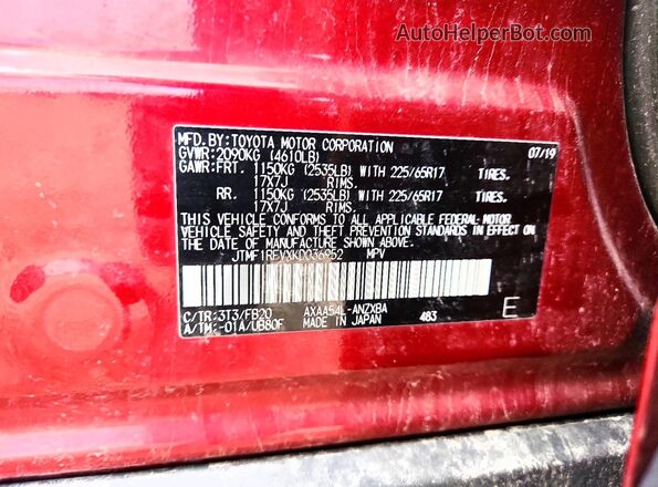 JTMF1RFVXKD036952 2019 TOYOTA RAV4 Red Вид наклейки з VIN-кодом
