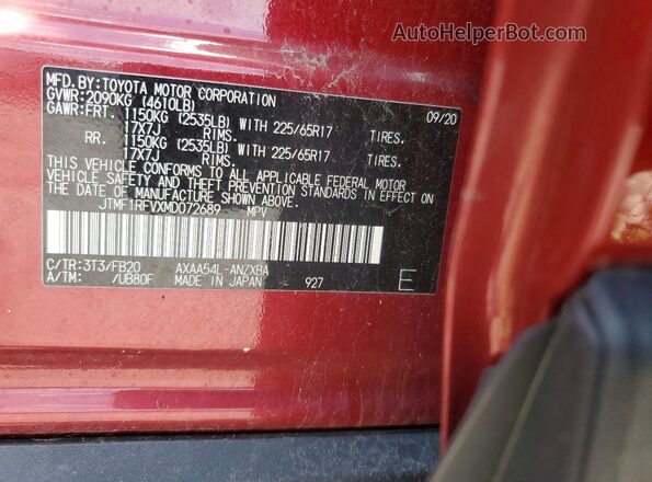 JTMF1RFVXMD072689 2021 TOYOTA RAV4 Red Vista de la etiqueta del VIN