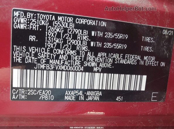 JTMFB3FVXMD060004 2021 TOYOTA RAV4 PRIME Red Widok komory silnika