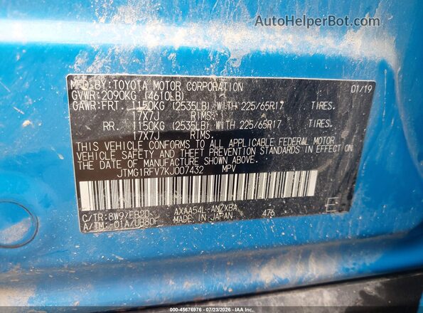 JTMG1RFV7KJ007432 2019 TOYOTA RAV4 Синий Вид подкапотного пространства