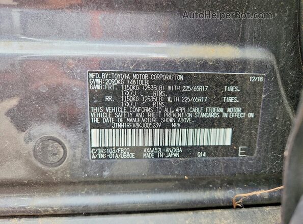 JTMH1RFV8KJ005239 2019 TOYOTA RAV4 Gray Widok naklejki z numerem VIN