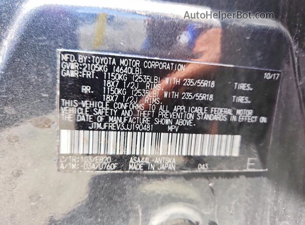 JTMJFREV3JJ190481 2018 TOYOTA RAV4 Gray Vista de la etiqueta del VIN