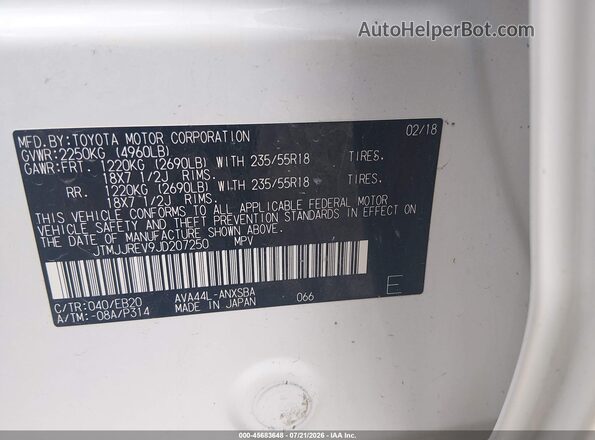 JTMJJREV9JD207250 2018 TOYOTA RAV4 HYBRID White Շարժիչի բաժամունքի տեսք