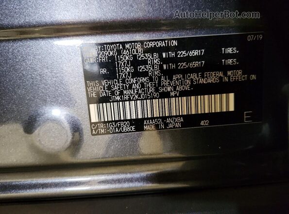JTMK1RFV2KJ015190 2019 TOYOTA RAV4 Gray Widok naklejki z numerem VIN