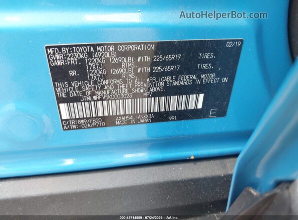 JTMLWRFV5KD003023 2019 TOYOTA RAV4 HYBRID Blue Vista del compartimento del motor