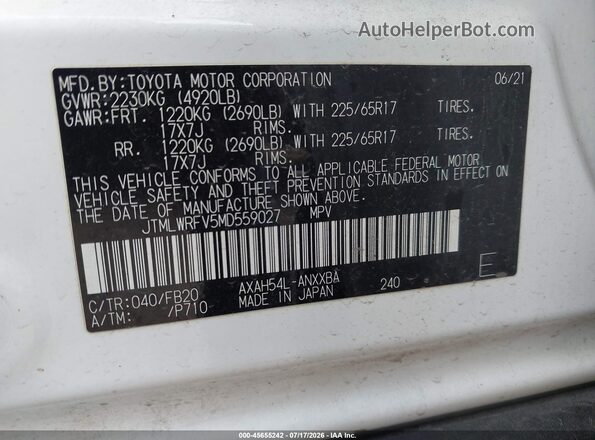 JTMLWRFV5MD559027 2021 TOYOTA RAV4 HYBRID White Вид підкапотного простору