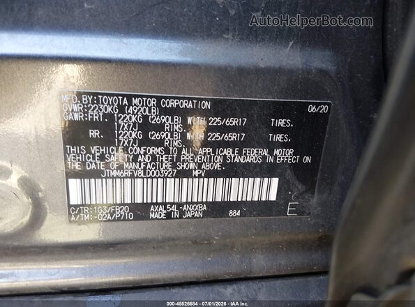 JTMM6RFV8LD003927 2020 TOYOTA RAV4 HYBRID Gray ძრავის განყოფილების ხედი