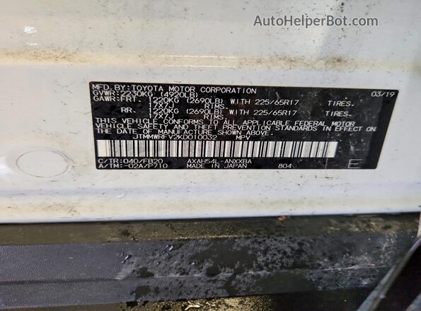 JTMMWRFV2KD010032 2019 TOYOTA RAV4 White Widok naklejki z numerem VIN
