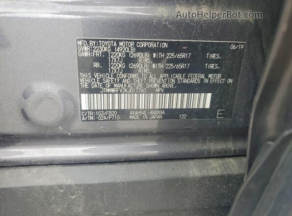 JTMMWRFV2KJ017760 2019 TOYOTA RAV4 Gray Вид наклейки з VIN-кодом