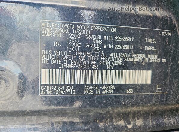 JTMMWRFV3KD031486 2019 TOYOTA RAV4 Black VIN կոդի պիտակի տեսք