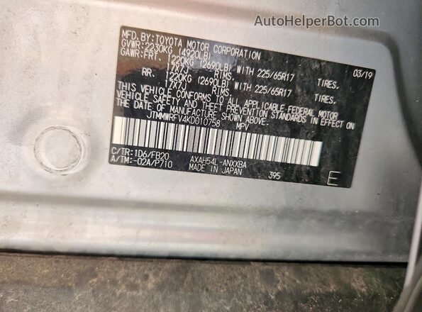 JTMMWRFV4KD010758 2019 TOYOTA RAV4 Silver Vista de la etiqueta del VIN