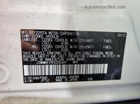 JTMMWRFV9PD205469 2023 TOYOTA RAV4 Белый Вид наклейки с VIN-кодом