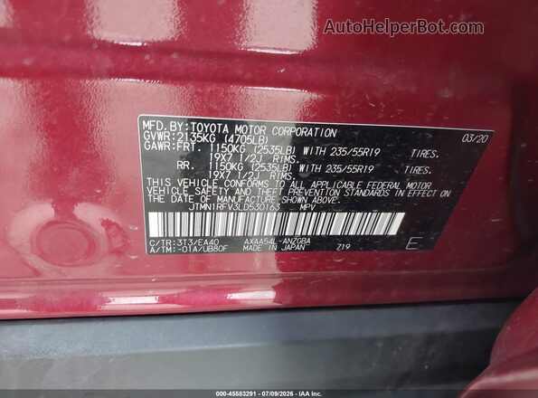 JTMN1RFV3LD530163 2020 TOYOTA RAV4 Burgundy ძრავის განყოფილების ხედი