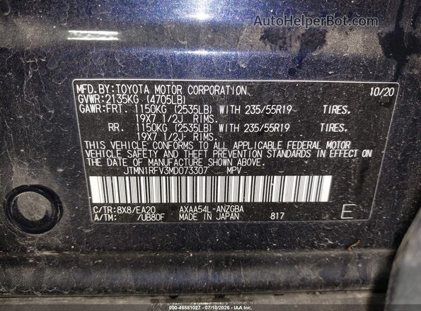 JTMN1RFV3MD073307 2021 TOYOTA RAV4 Dark Blue Engine compartment view