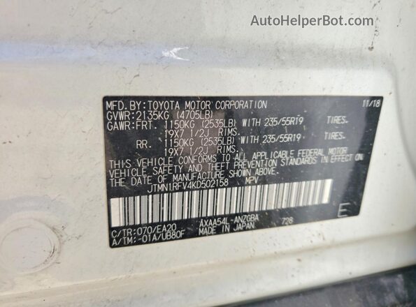JTMN1RFV4KD502158 2019 TOYOTA RAV4 Белый Вид наклейки с VIN-кодом