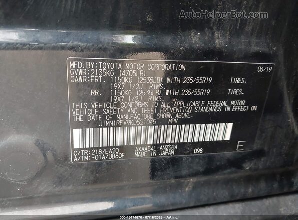 JTMN1RFV9KD521045 2019 TOYOTA RAV4 Black Engine compartment view