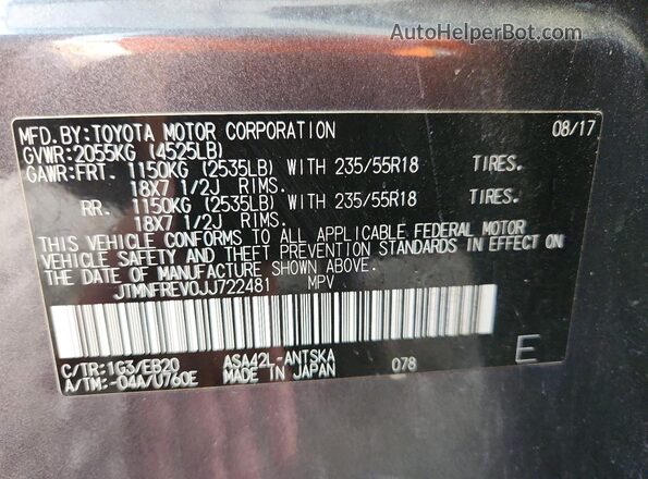 JTMNFREV0JJ722481 2018 TOYOTA RAV4 Charcoal Vista de la etiqueta del VIN