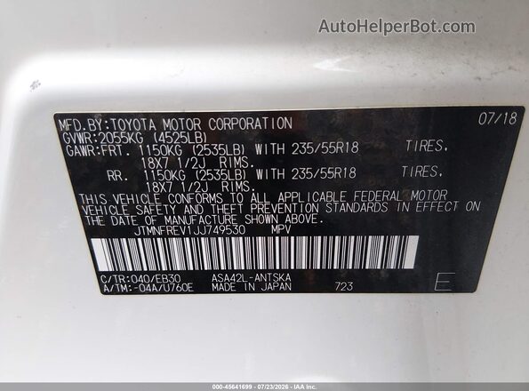 JTMNFREV1JJ749530 2018 TOYOTA RAV4 White Widok komory silnika