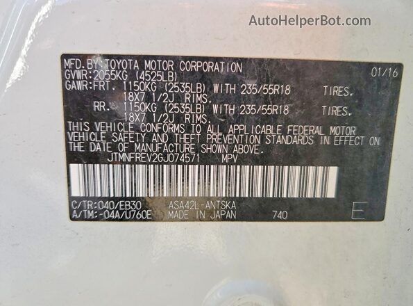 JTMNFREV2GJ074571 2016 TOYOTA RAV4 White Widok naklejki z numerem VIN