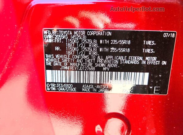 JTMNFREV7JD127688 2018 TOYOTA RAV4 Burgundy Vista de la etiqueta del VIN