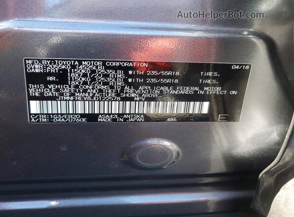JTMNFREV8JD122578 2018 TOYOTA RAV4 Gray Vista de la etiqueta del VIN