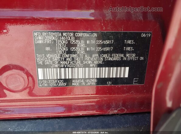 JTMP1RFV1KD027870 2019 TOYOTA RAV4 Red Vista del compartimento del motor