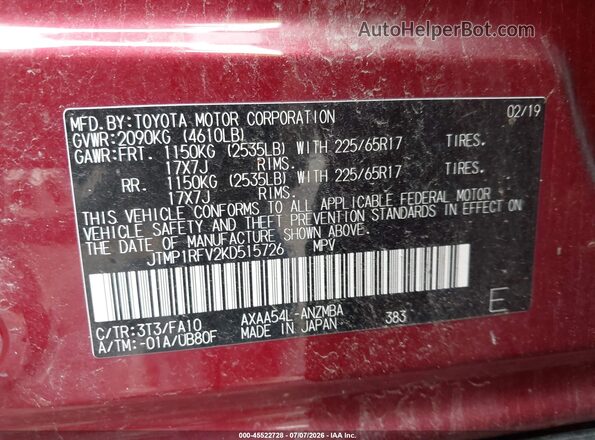 JTMP1RFV2KD515726 2019 TOYOTA RAV4 Красный Вид подкапотного пространства