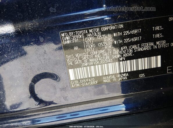 JTMP1RFV2KJ023943 2019 TOYOTA RAV4 Blue Widok komory silnika