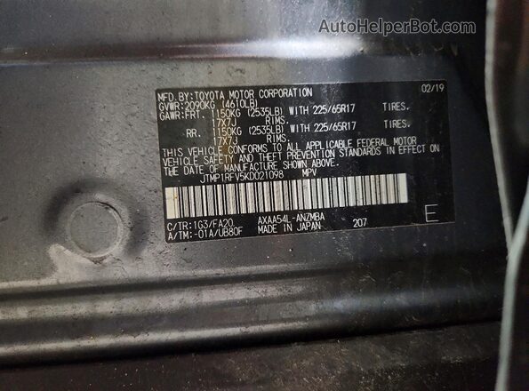 JTMP1RFV5KD021098 2019 TOYOTA RAV4 Gray Widok naklejki z numerem VIN