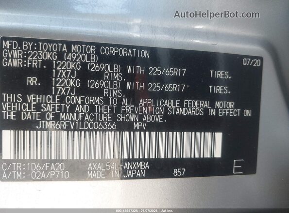 JTMR6RFV1LD006366 2020 TOYOTA RAV4 HYBRID Silver Engine compartment view