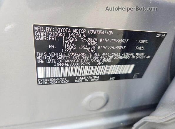 JTMRFREV0JD235295 2018 TOYOTA RAV4 Silver VIN კოდის სტიკერის ხედი