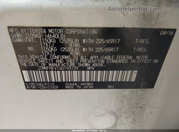 JTMRFREV1GD193129 2016 TOYOTA RAV4 White Вид підкапотного простору