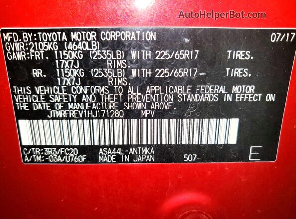 JTMRFREV1HJ171280 2017 TOYOTA RAV4 Red Widok naklejki z numerem VIN