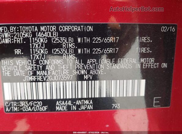 JTMRFREV2GJ073597 2016 TOYOTA RAV4 Burgundy Շարժիչի բաժամունքի տեսք