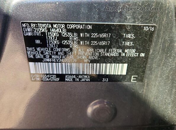 JTMRFREV2HD202129 2017 TOYOTA RAV4 Gray Vista de la etiqueta del VIN