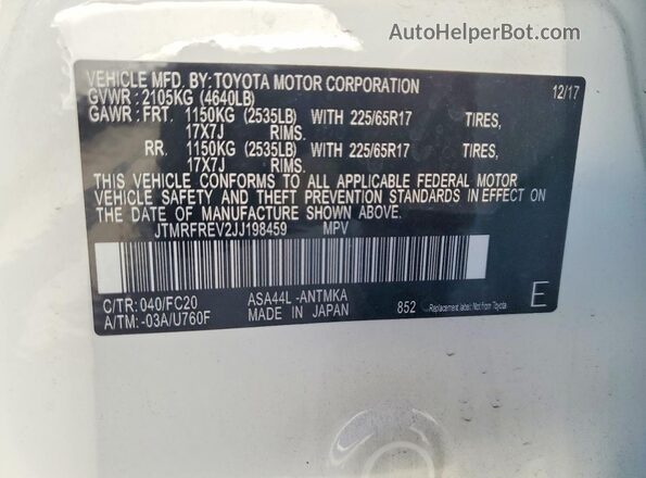 JTMRFREV2JJ198459 2018 TOYOTA RAV4 White Շարժիչի բաժամունքի տեսք