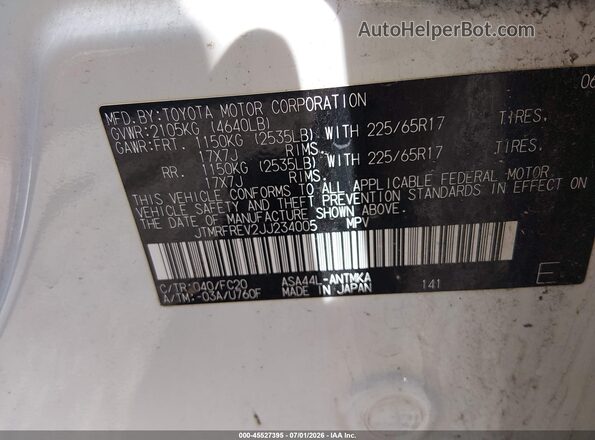 JTMRFREV2JJ234005 2018 TOYOTA RAV4 White Շարժիչի բաժամունքի տեսք
