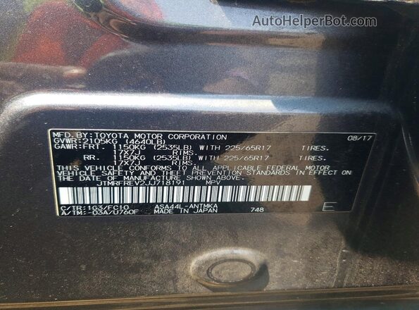 JTMRFREV2JJ718191 2018 TOYOTA RAV4 Gray Вид наклейки з VIN-кодом
