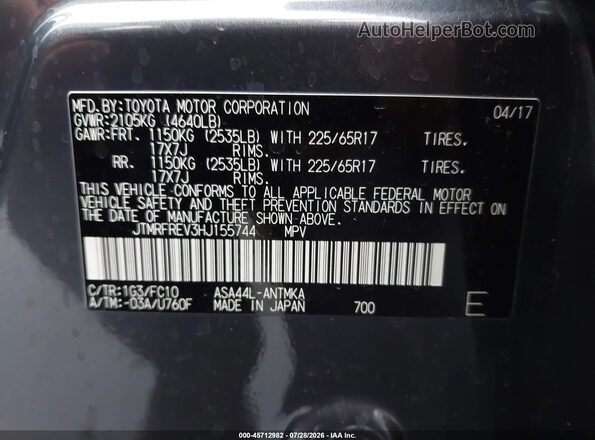 JTMRFREV3HJ155744 2017 TOYOTA RAV4 Gray Vista del compartimento del motor