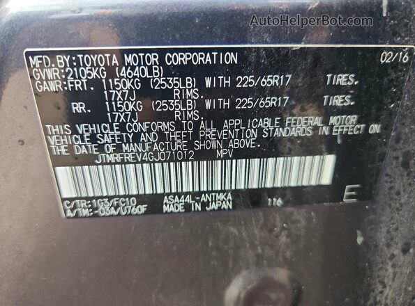 JTMRFREV4GJ071012 2016 TOYOTA RAV4 Gray Widok komory silnika