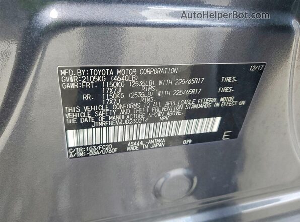 JTMRFREV4JD230214 2018 TOYOTA RAV4 Silver Widok naklejki z numerem VIN