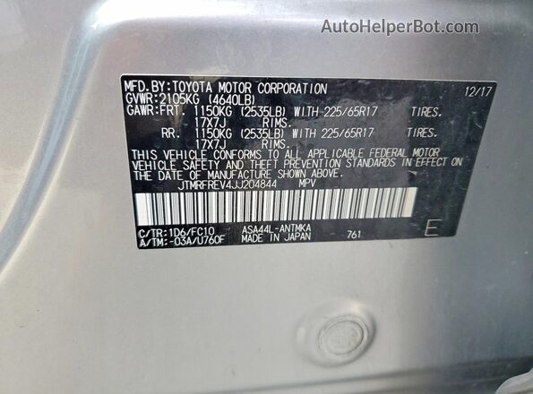 JTMRFREV4JJ204844 2018 TOYOTA RAV4 Серебряный Вид наклейки с VIN-кодом