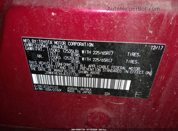 JTMRFREV6JD231736 2018 TOYOTA RAV4 Red Շարժիչի բաժամունքի տեսք